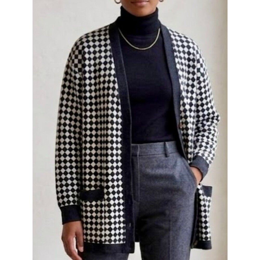 Vintage Cathy Daniels Black White Checkered Diamond Button Cardigan Womens Large